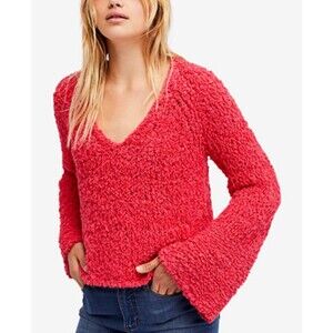 Free People Pink Fuzzy Knit Bell Sleeve Sweater Size Soft Boho NEW $108